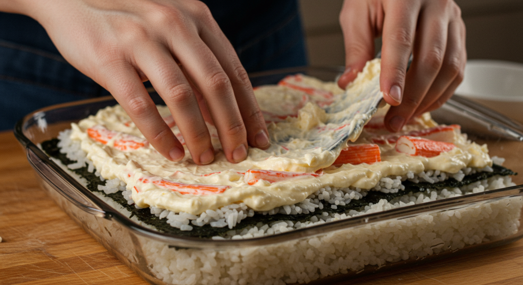 Hands layering the creamy filling for a delicious sushi bake recipe.