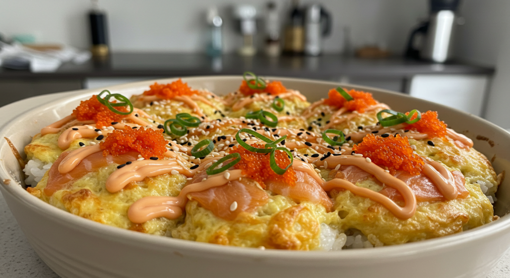 Close-up of a delicious sushi bake with various toppings and sauces.