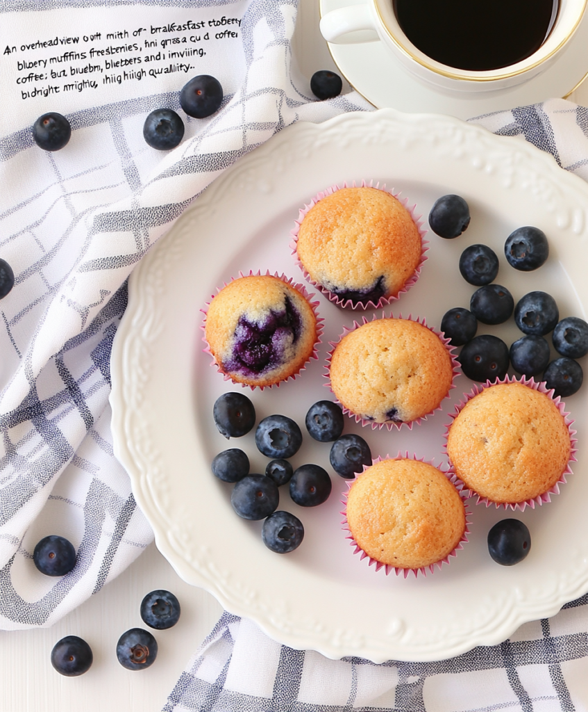 Breakfast table with mini blueberry muffins and coffee"