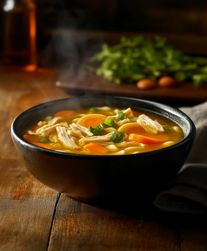 "Bowl of steaming chicken and egg noodle soup on a wooden table."