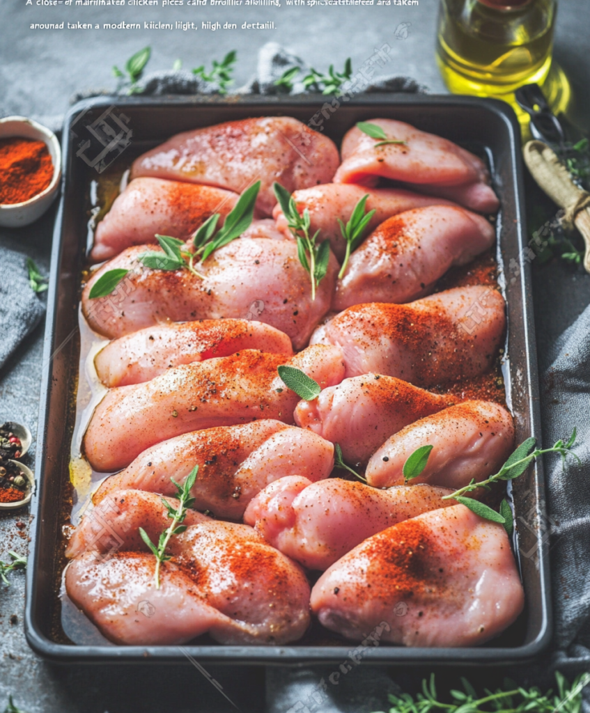 Marinated chicken pieces ready for broiling