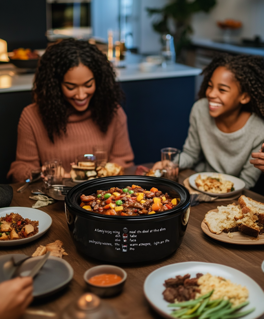 Family enjoying ground beef crock pot meal