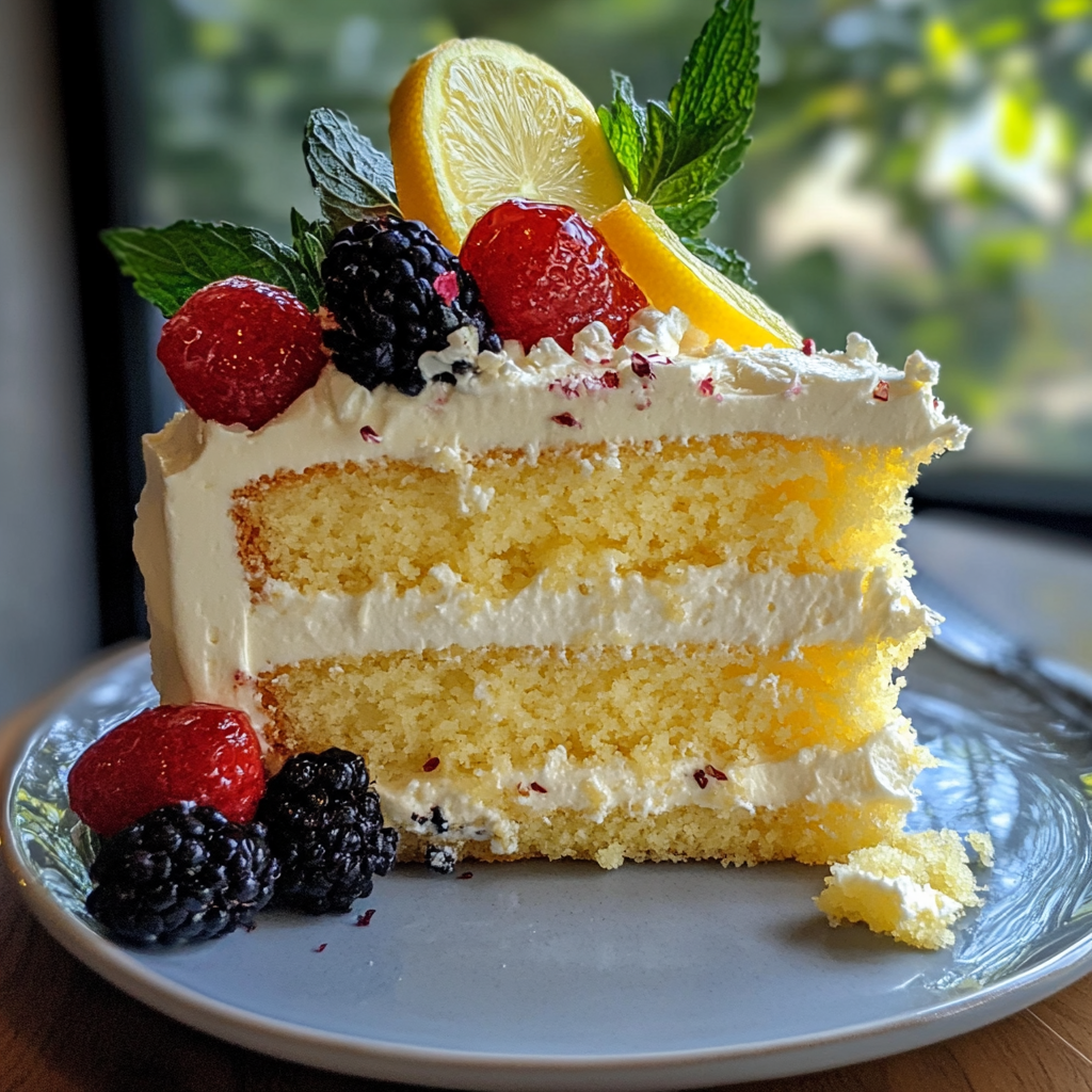 Slice of Limoncello Mascarpone Cake with creamy frosting.