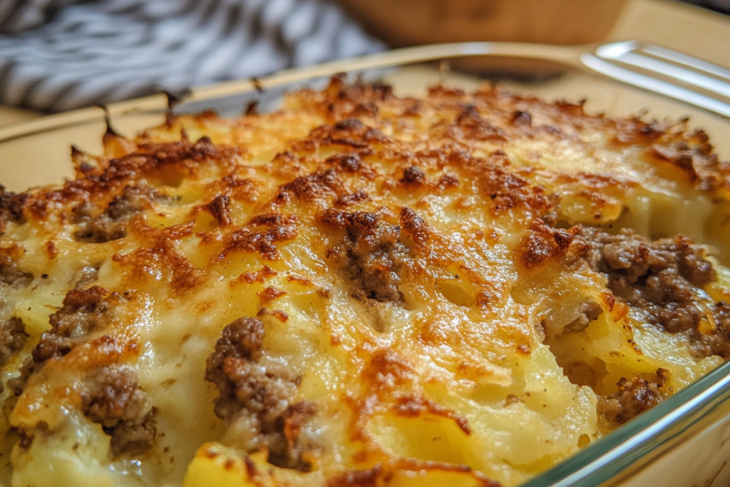 A baked Hamburger Potato Casserole, bubbly and golden brown.
