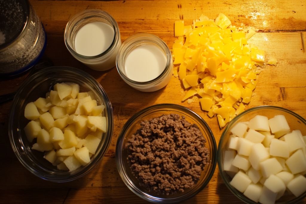  Ingredients for Hobo Casserole: ground beef, potatoes, onions, and seasonings.