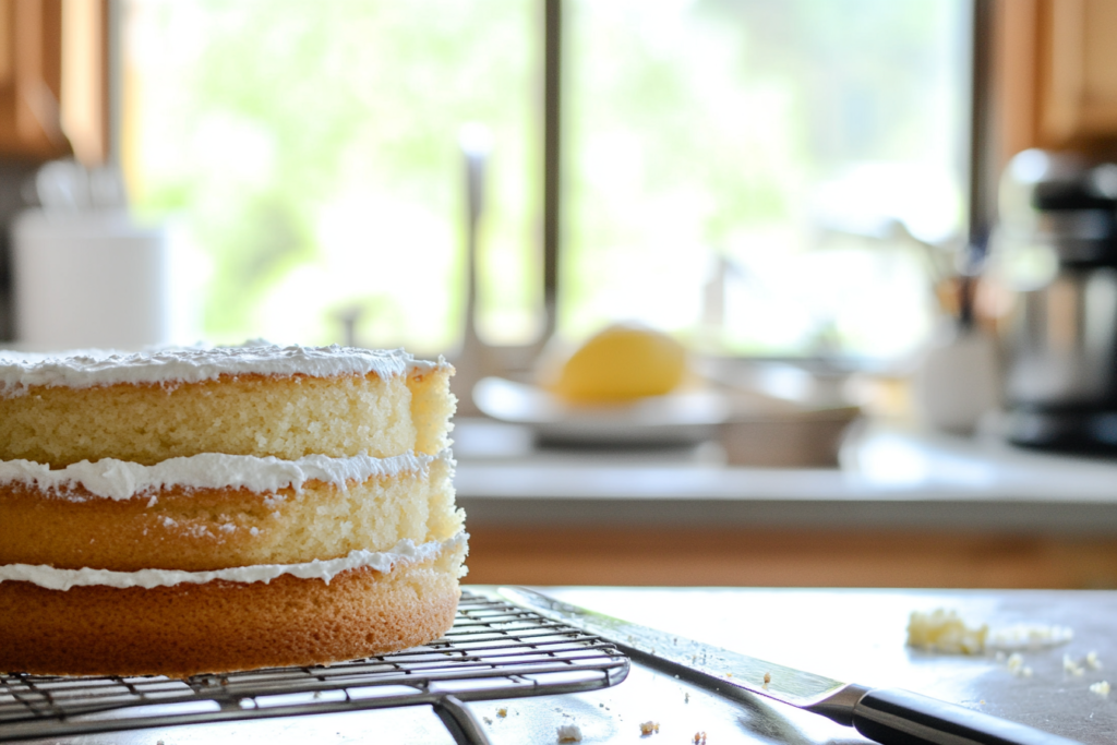 Lemon cake layers cooling on a wire rack, ready for frosting.