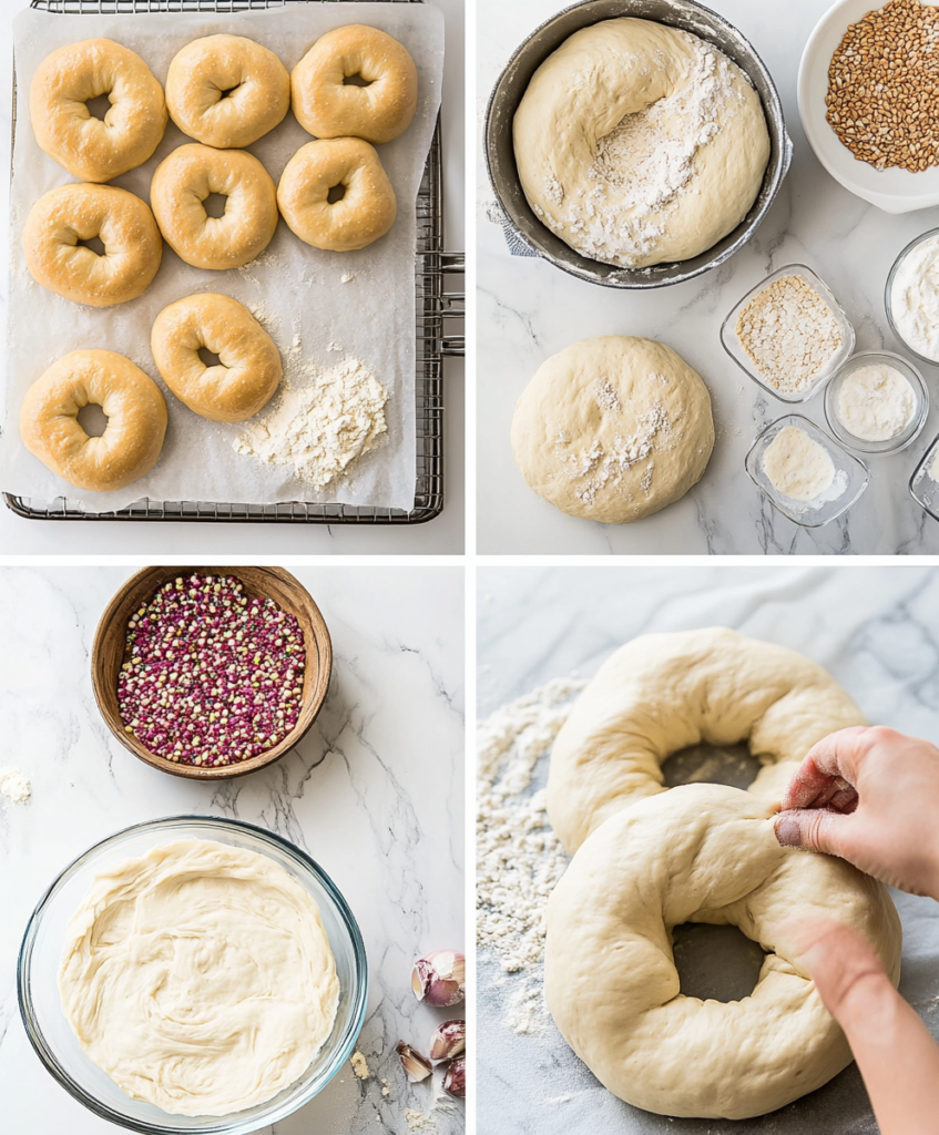Step-by-step process of making Greek yogurt bagels.