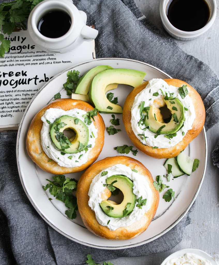 Greek yogurt bagels topped with cream cheese and avocado.