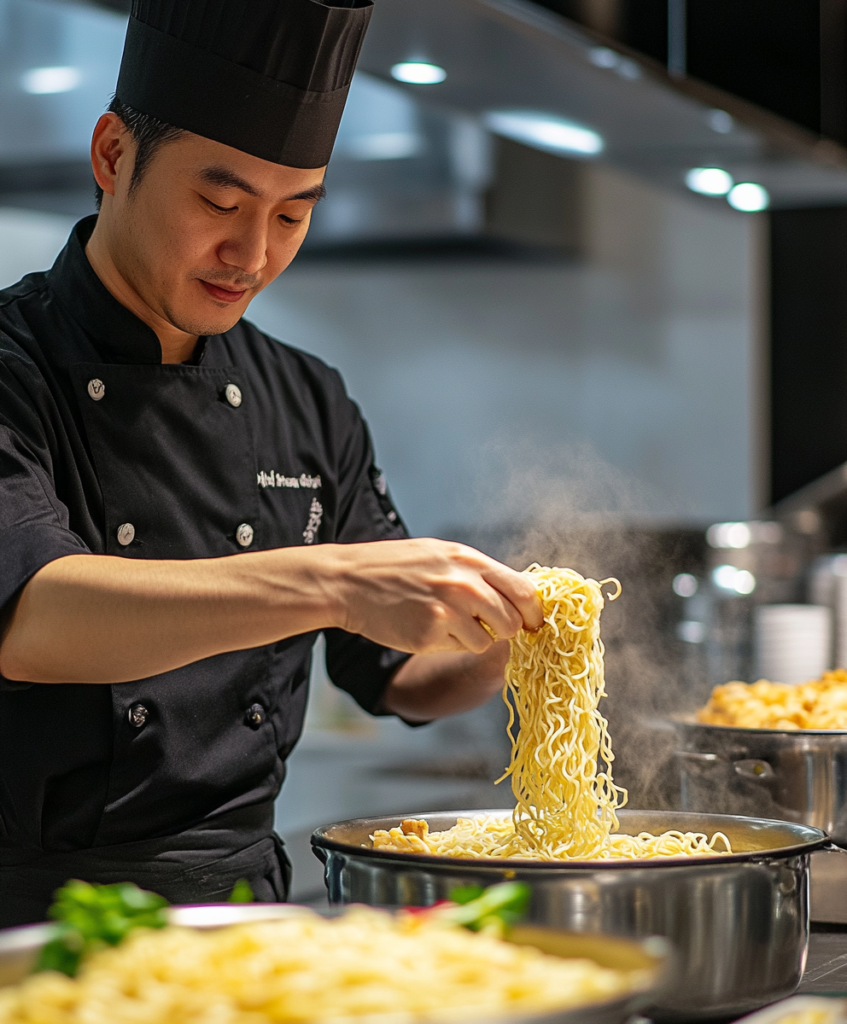"Chef preparing chicken and egg noodle recipes in a modern kitchen."