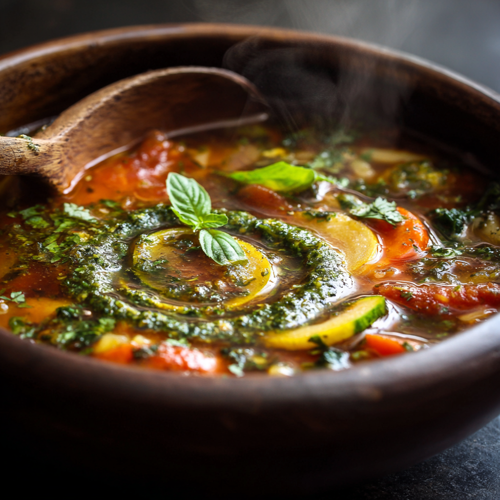 A close-up of a steaming bowl of Italian vegetable soup with a swirl of pesto and fresh basil on top.
