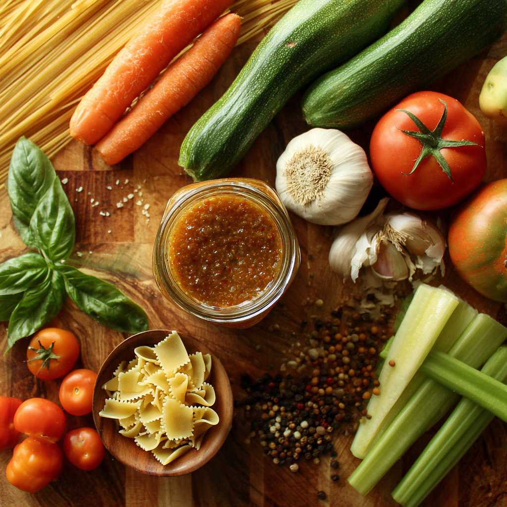 A flat lay of fresh vegetables and ingredients for Italian vegetable soup on a wooden board.