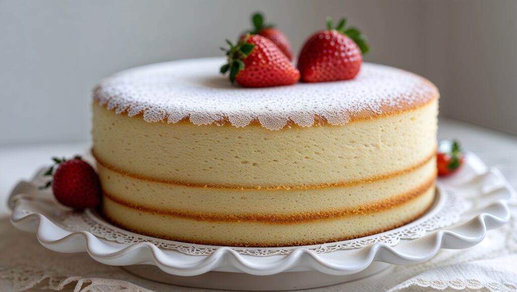 Close-up of a vanilla sponge cake with strawberries and powdered sugar