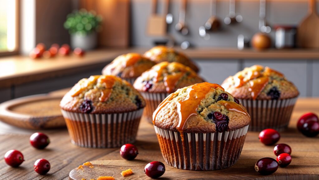 Freshly baked cranberry orange muffins with orange glaze.