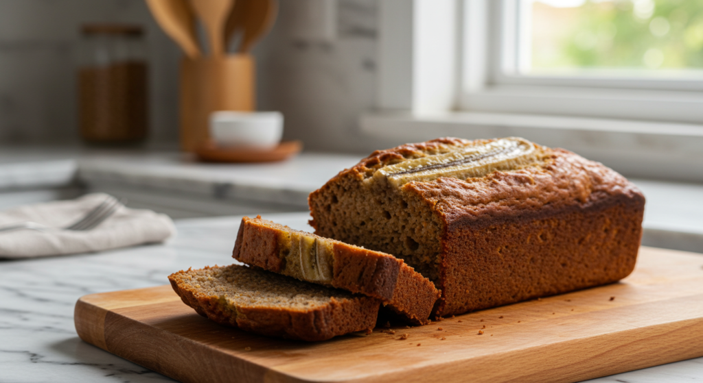Freshly baked banana bread loaf with two bananas on a cutting board