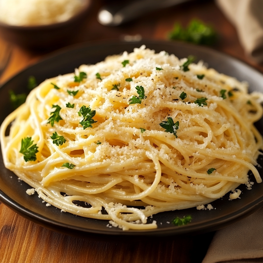 Creamy Alfredo spaghetti garnished with parsley and Parmesan.