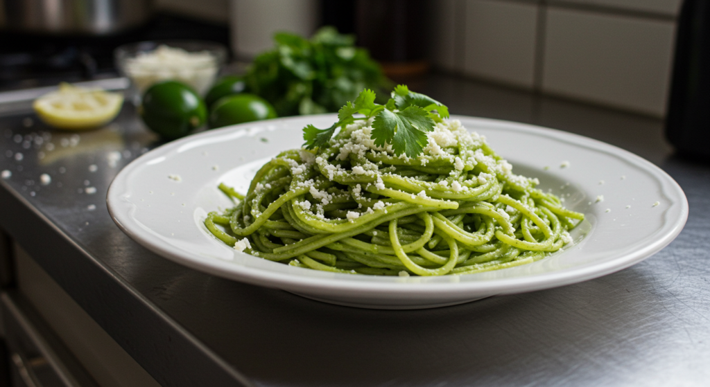 Close-up of green spaghetti garnished with Cotija cheese and cilantro