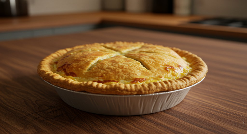 Freshly baked chicken pot pie with golden crust.