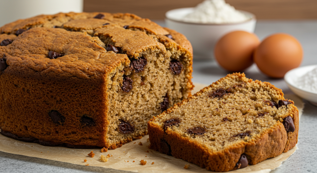 Freshly baked cookie mix cake on a countertop, surrounded by baking ingredients