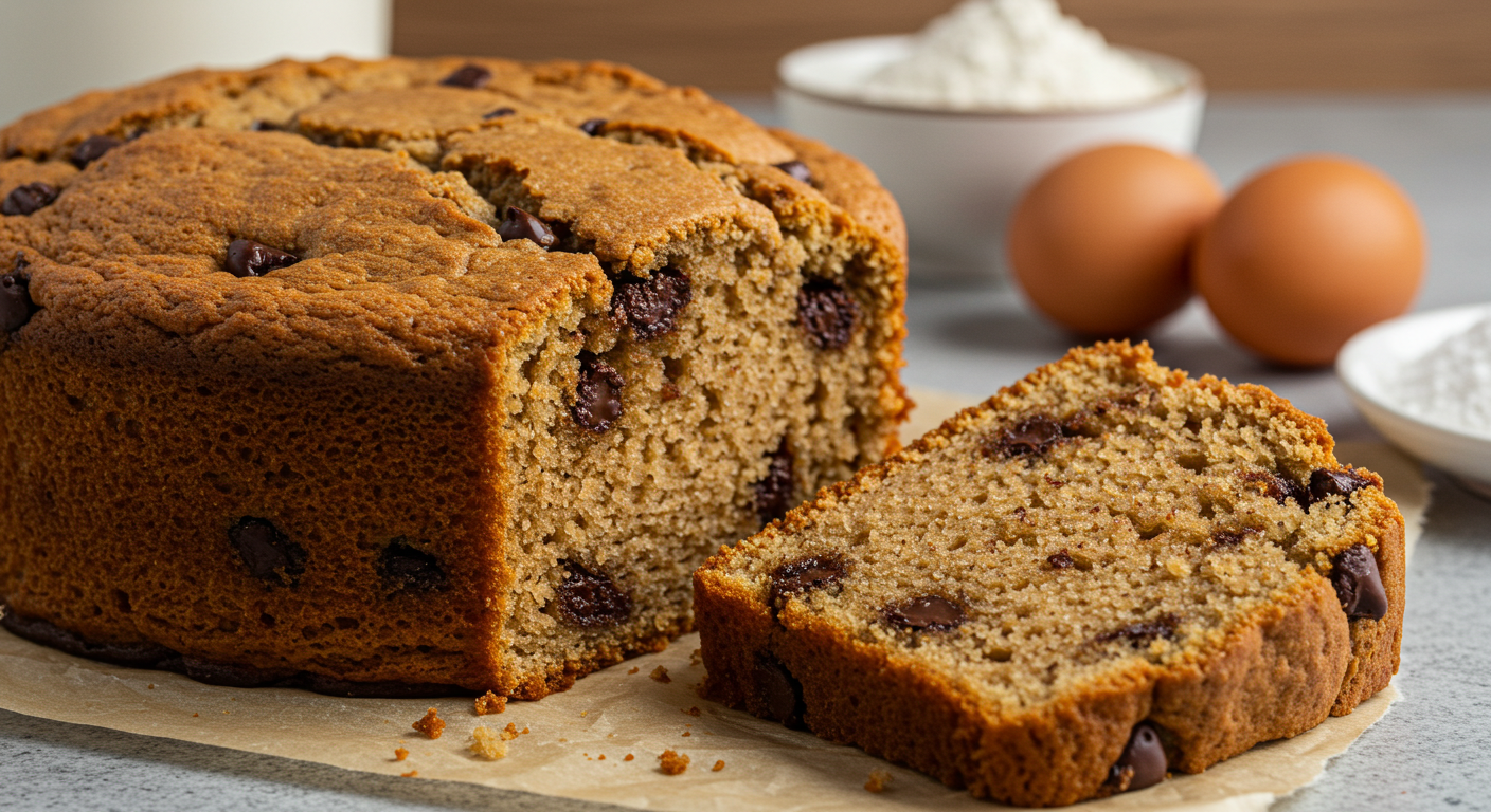 Freshly baked cookie mix cake on a countertop, surrounded by baking ingredients