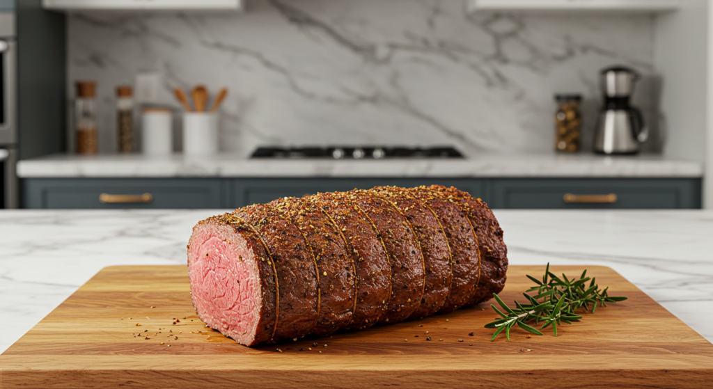 Bottom round roast resting on a cutting board in a kitchen