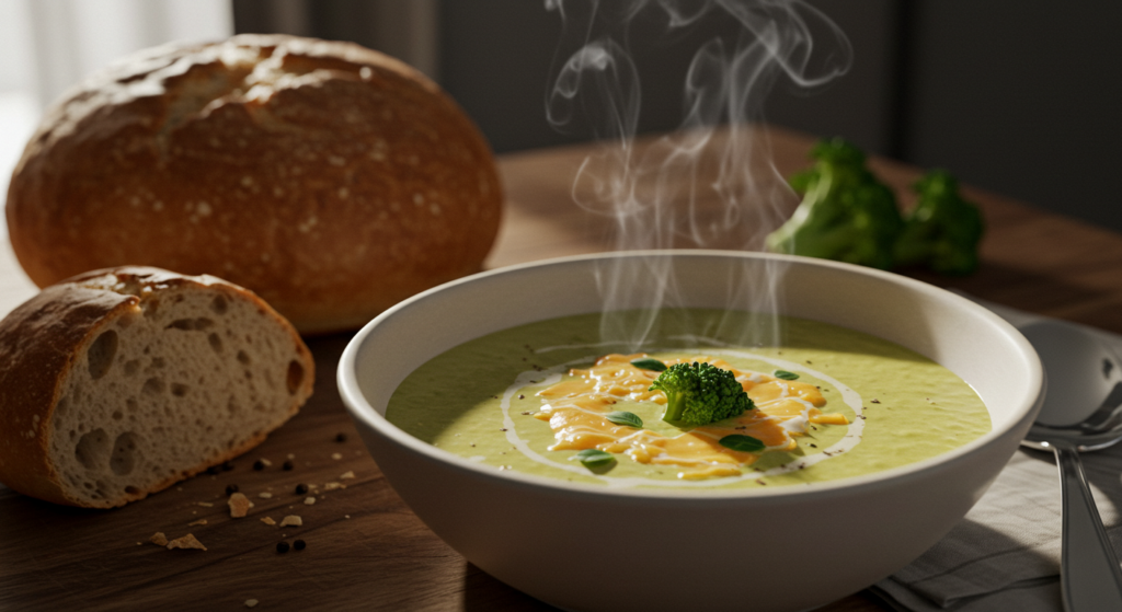Steaming bowl of broccoli cheddar soup in a modern kitchen.