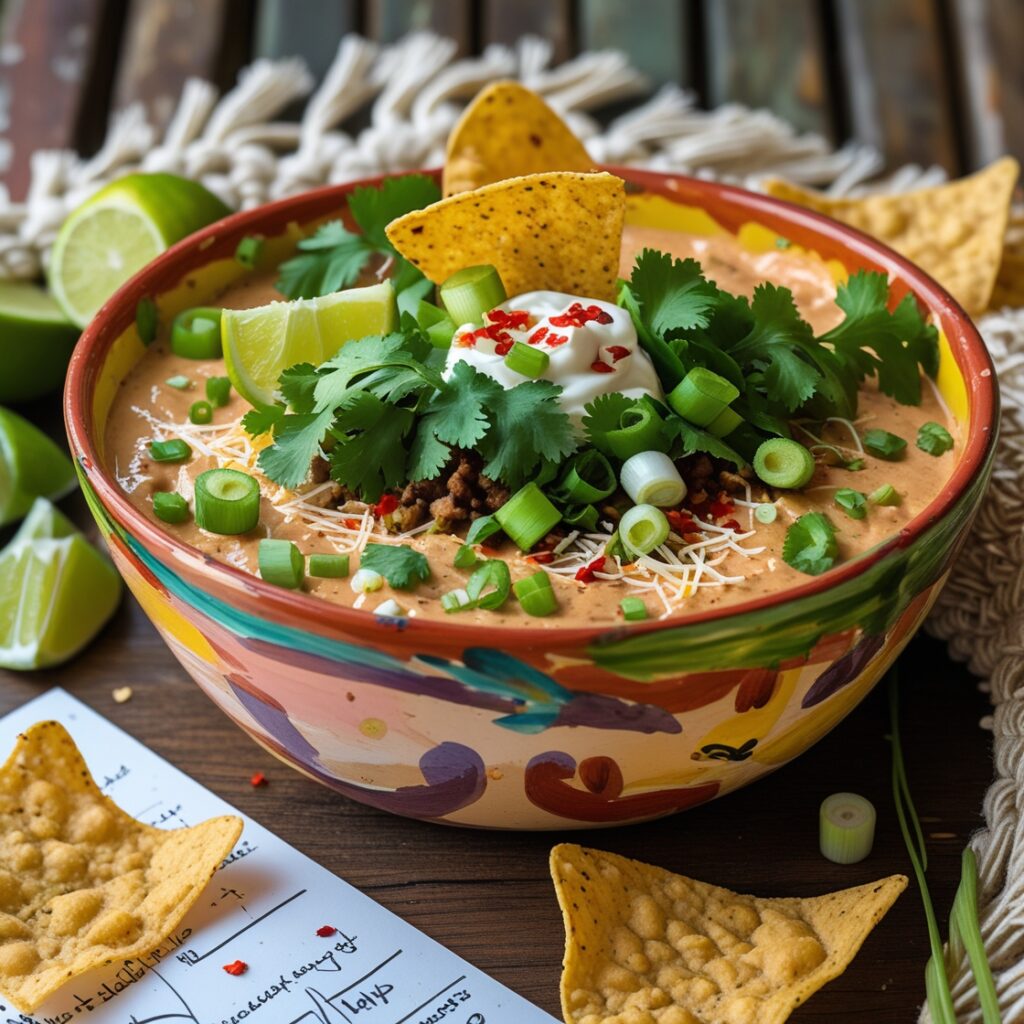 Close-up of a taco dip served in a bowl with tortilla chips.