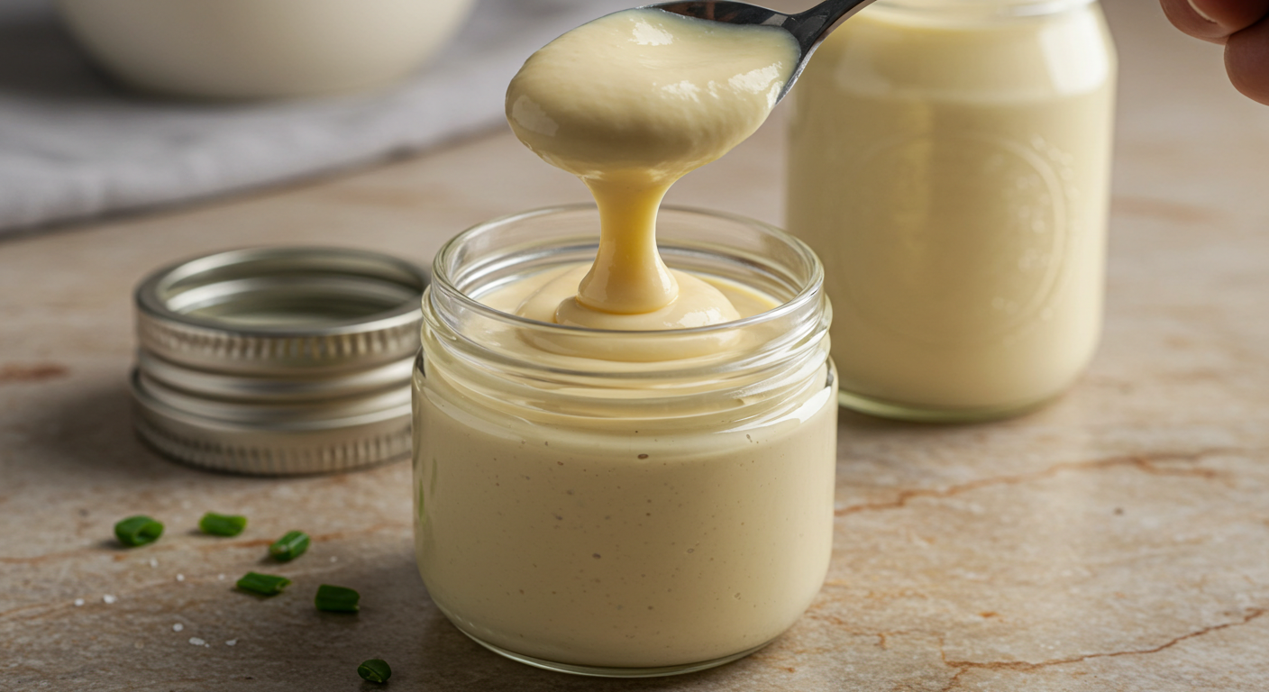 Creamy homemade vegan mayonnaise in a glass jar with a spoon