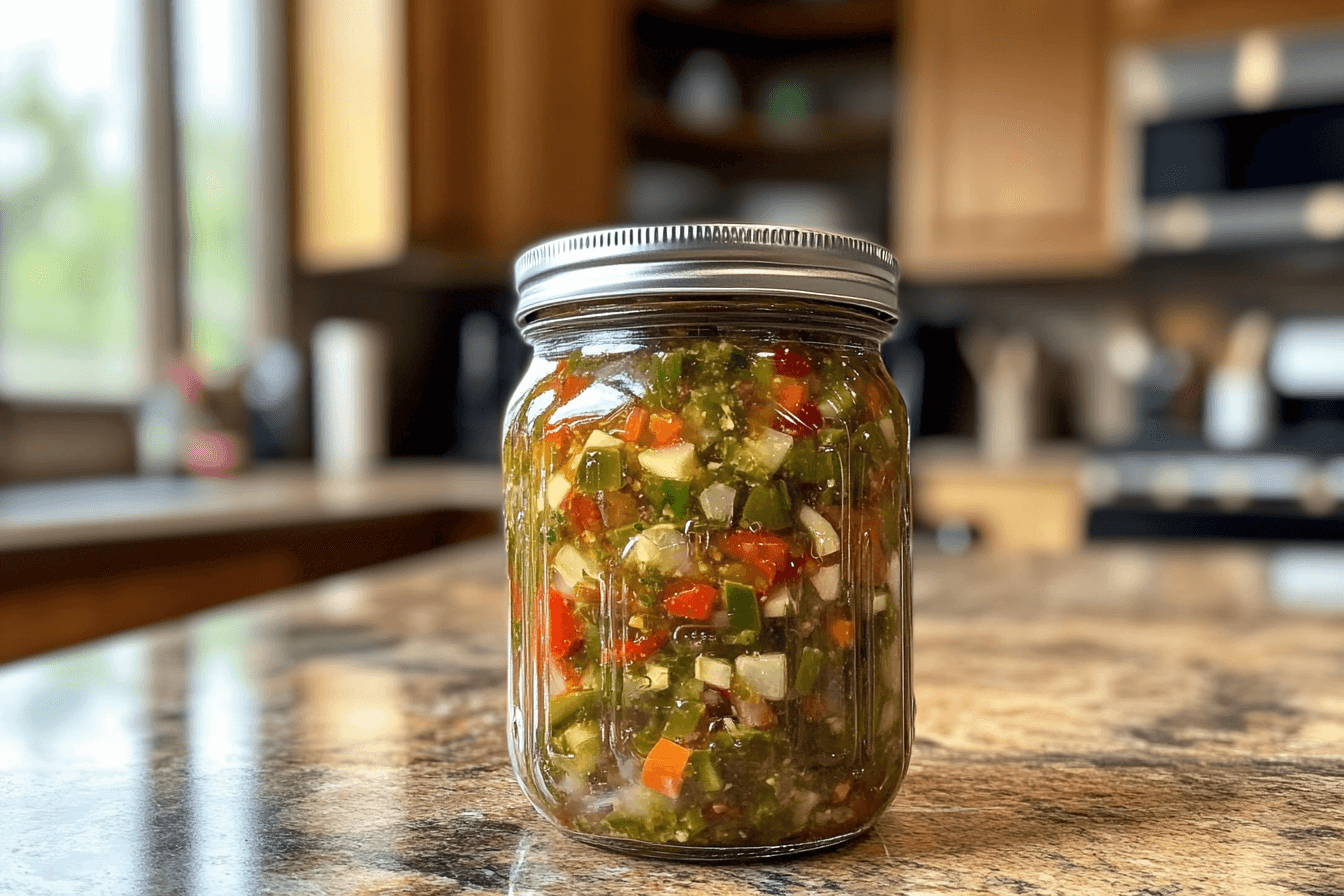 Jar of chow chow recipe relish on a wooden kitchen counter.