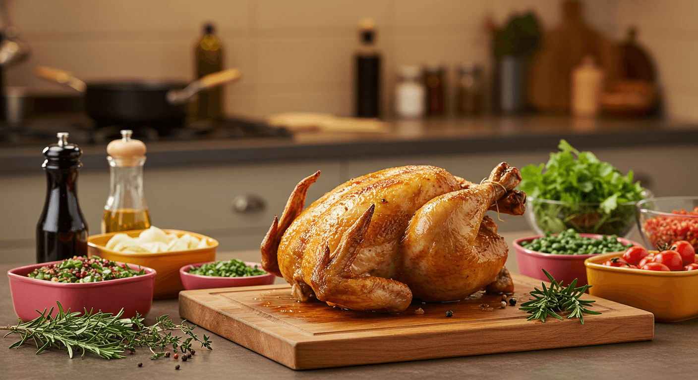 Fresh rotisserie chicken with airtight containers on a kitchen counter.