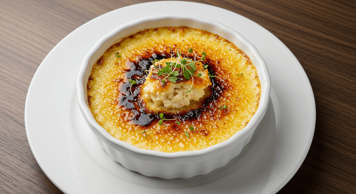 Elegant crab brulee with caramelized top and micro herb garnish