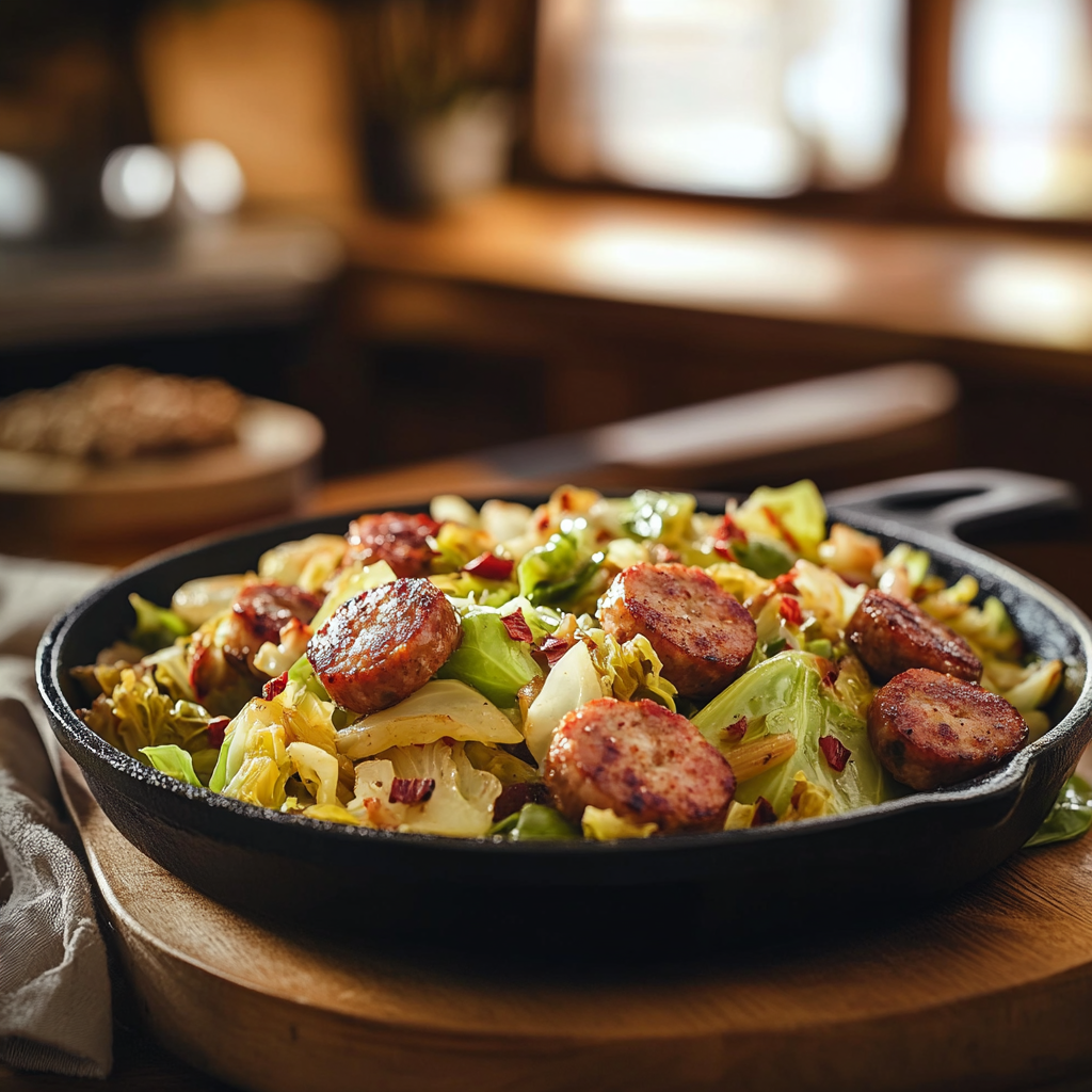 A close-up of a cabbage and sausage dish in a skillet on a rustic table