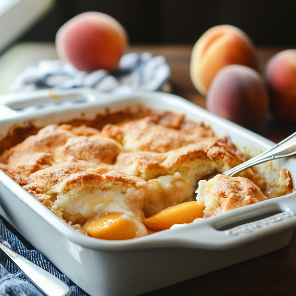 Freshly baked peach cobbler using cake mix on a rustic kitchen countertop.