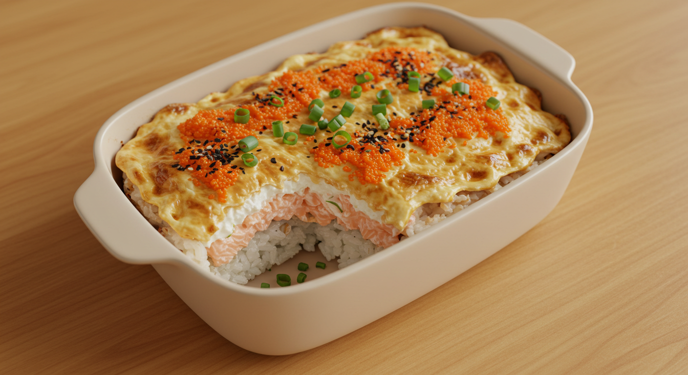 Close-up overhead shot of a delicious sushi bake recipe in a ceramic dish.