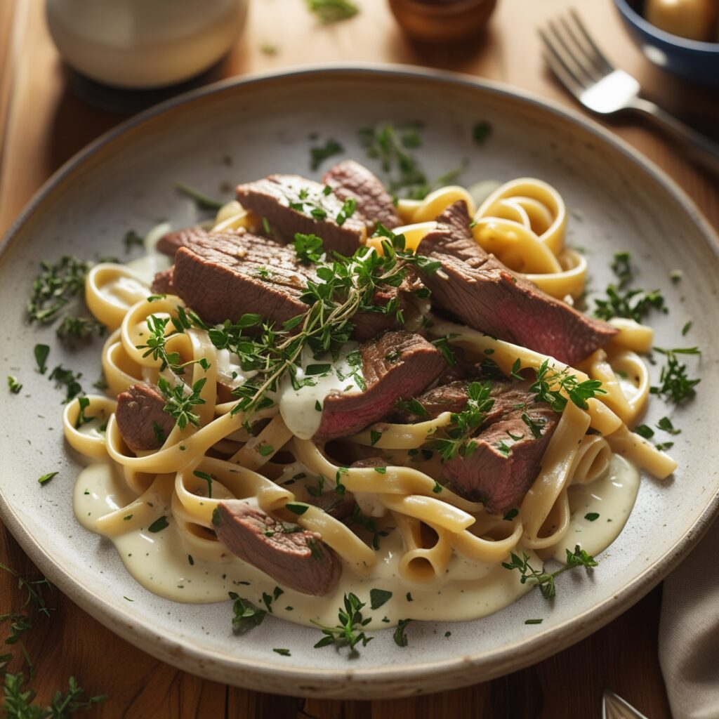 Creamy steak pasta recipe with fresh herbs