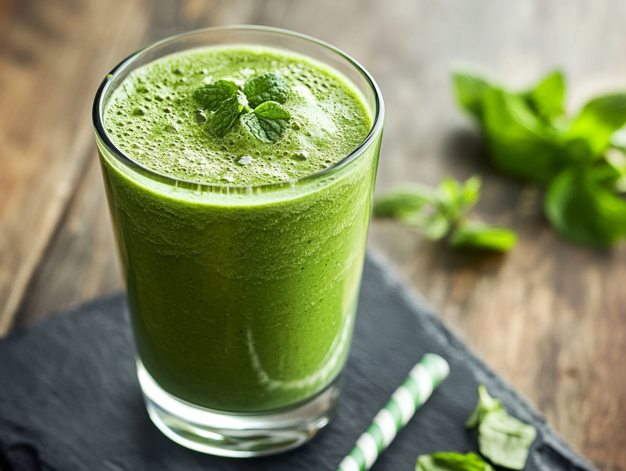 Refreshing Cucumber Mint Smoothie garnished with mint and cucumber.