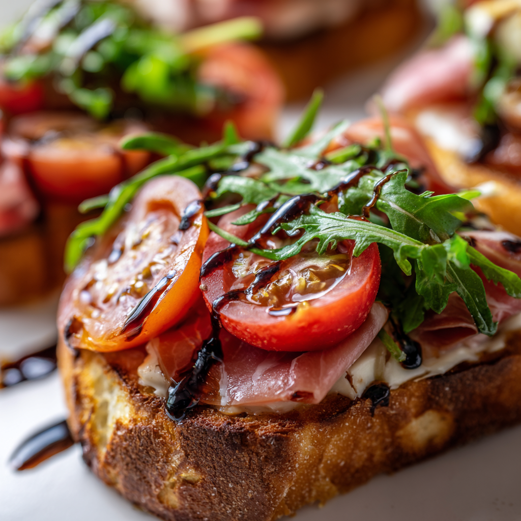 An open-faced Italian BLT, showcasing layers of provolone, mortadella, roasted tomatoes, arugula, and roasted garlic, drizzled with olive oil and balsamic vinegar. The warm colors and textures evoke a delicious Italian meal.