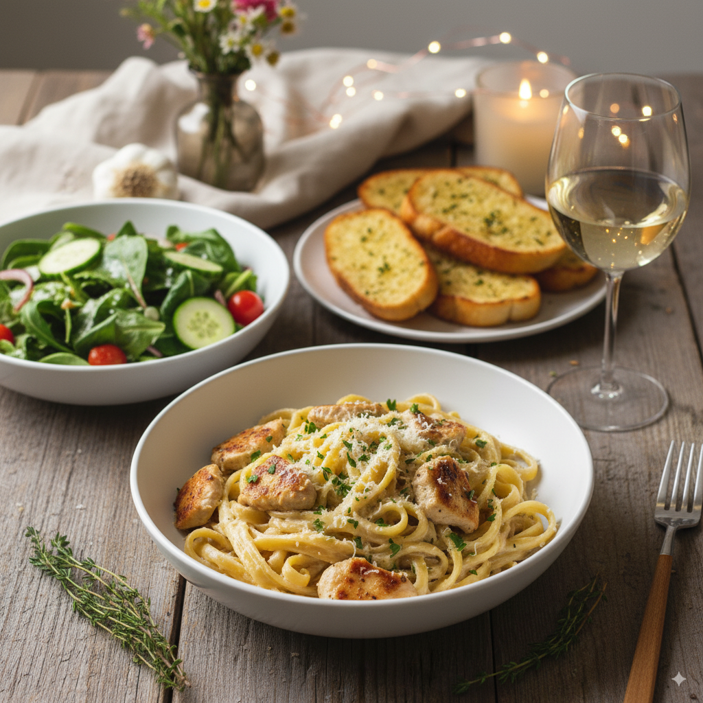 Creamy garlic parmesan chicken pasta in a white bowl with parsley garnish