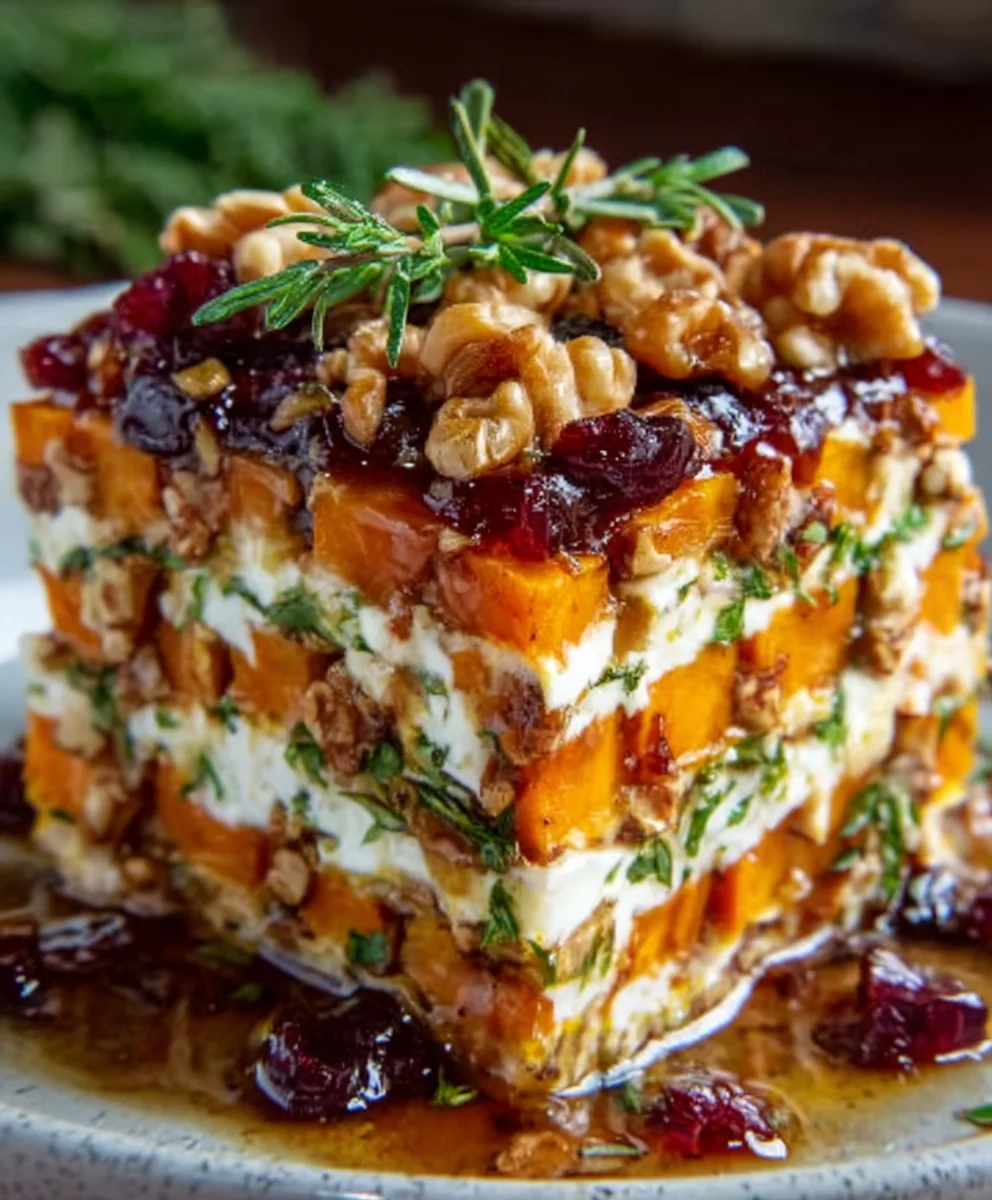 Sweet Potato Squash Carrot Lasagna Feta Walnut Glaze