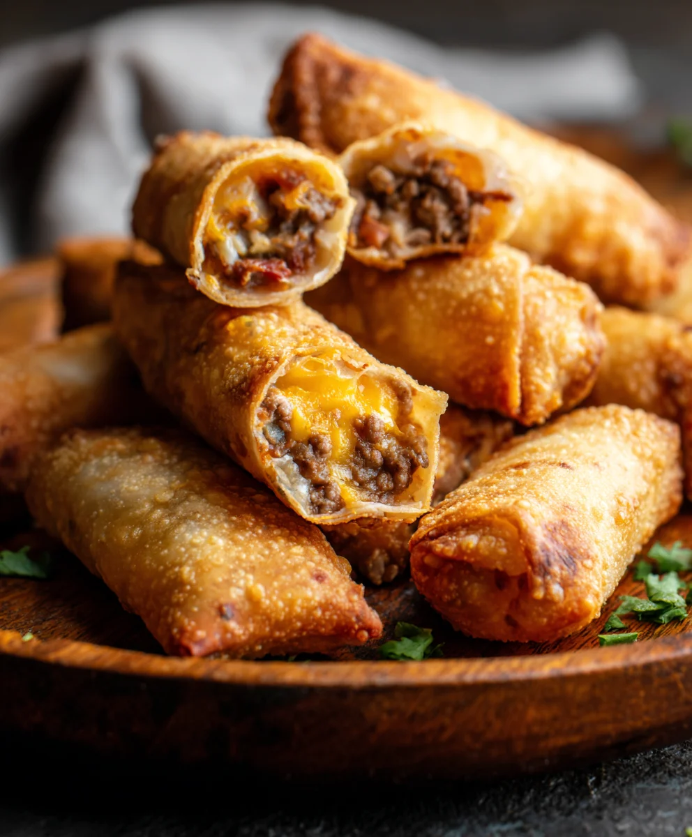 Deep-Fried Garlic Butter Beef Beef Bacon Cheeseburger Egg Rolls