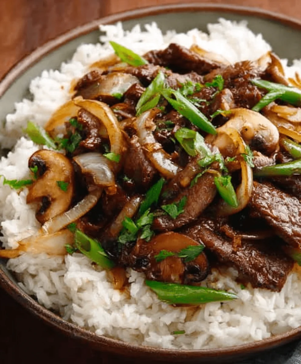 Beef Onion Mushroom Stir-Fry Savory Rice Dinner