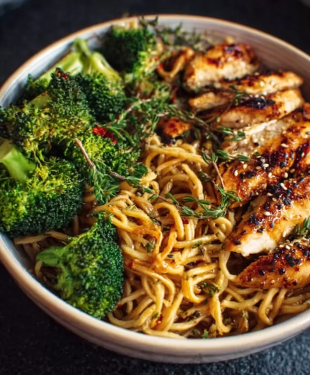 Spicy Garlic Chicken Noodles Broccoli Delight