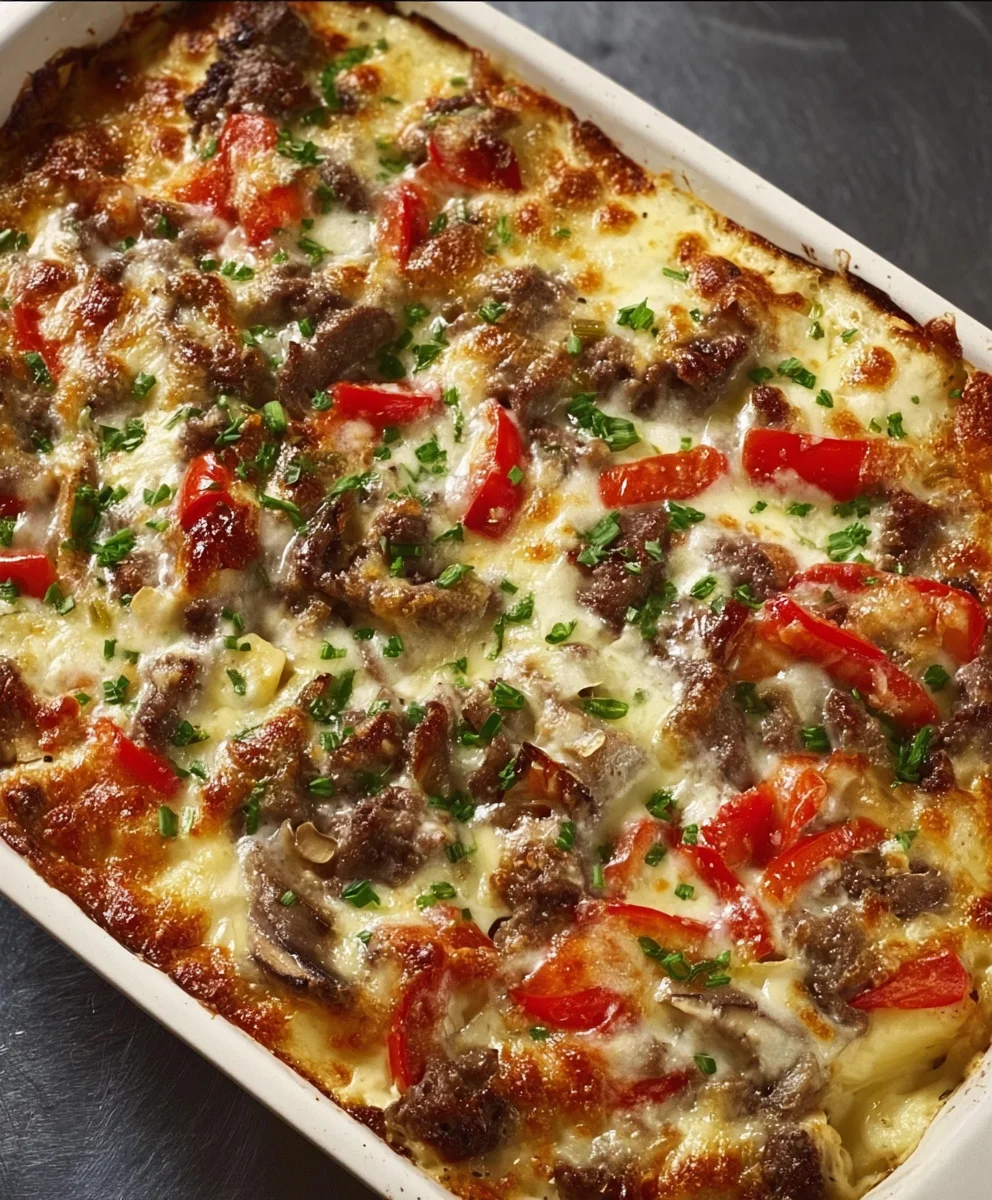 Philly Cheesesteak Bake- Easy One Pan Dinner